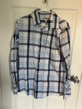 Express Men's Light Blue and Navy Plaid Button-Down Shirt